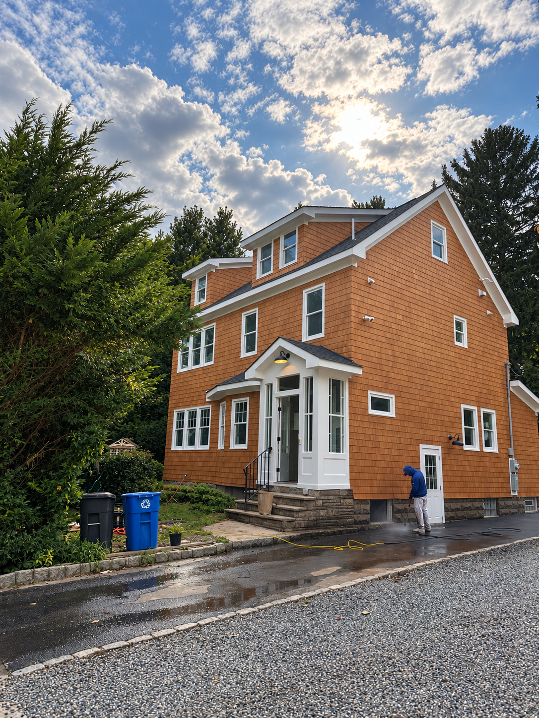 Cedar-sided home exterior restored by EastCoast Renovations