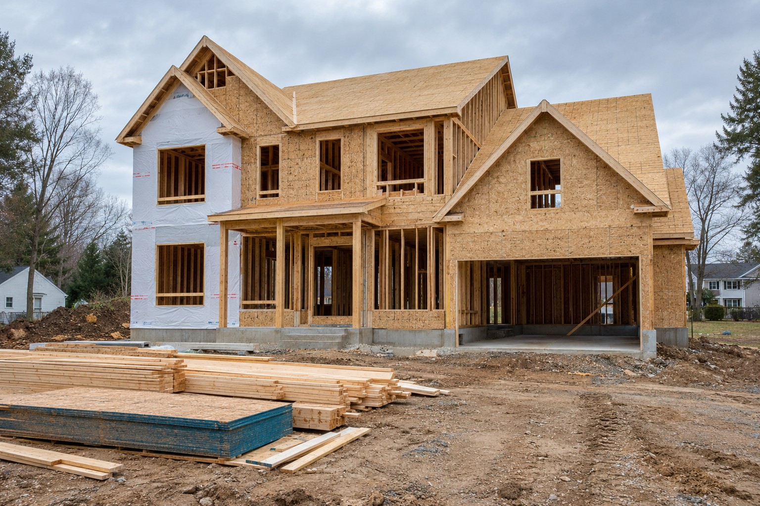 Promotional illustration of a new residential home under construction