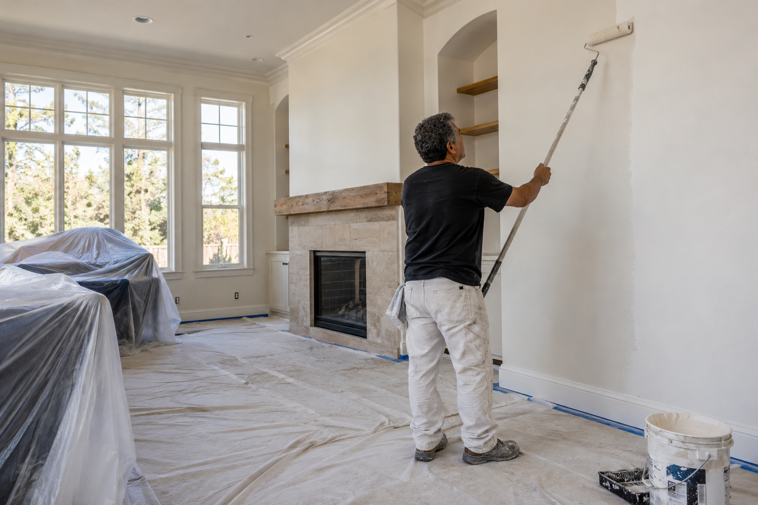 Promotional illustration of painters working in a living room, photographed from a distance