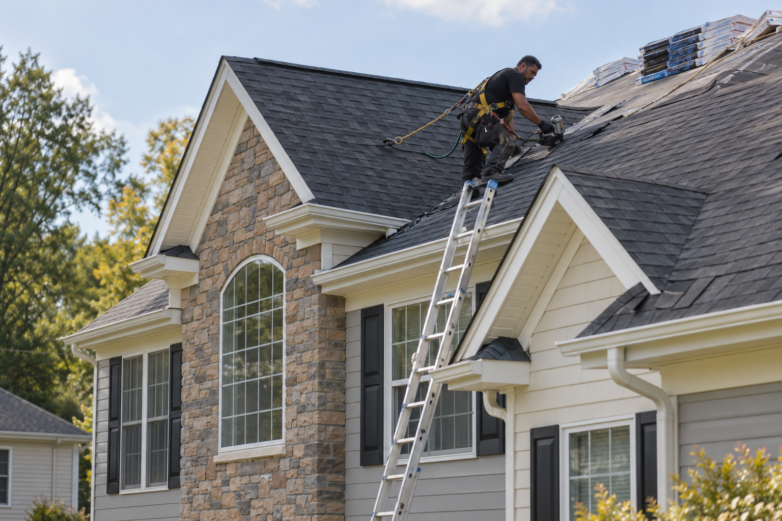 Promotional illustration of roofers working at a distance, with a complete aluminum ladder