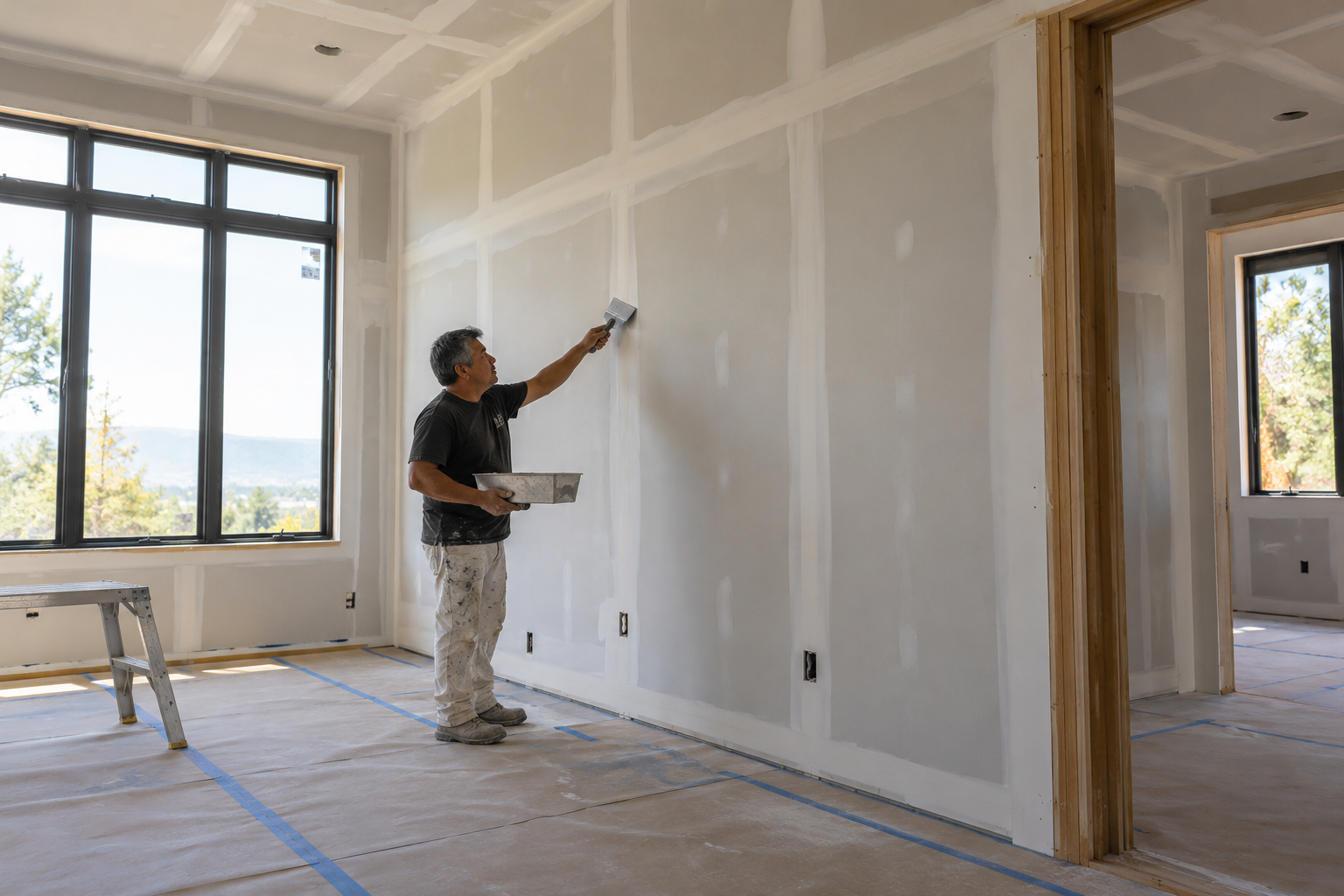 Promotional illustration of drywall finishers working in a room, photographed from a distance