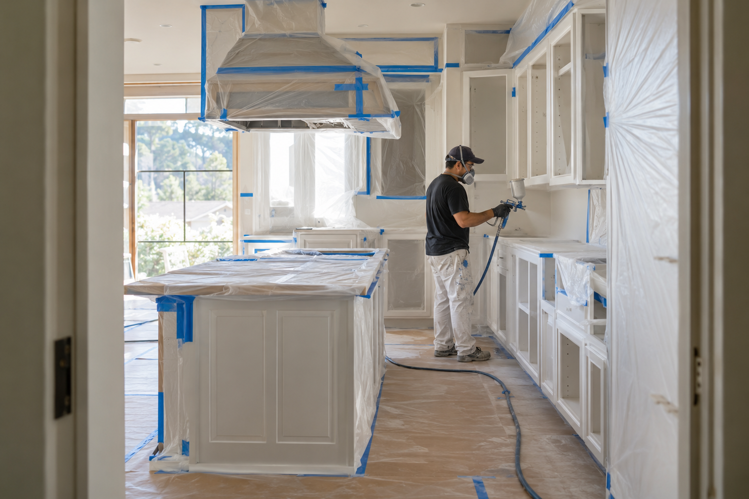 Promotional illustration of a cabinet spray painter in a masked area, photographed from a distance